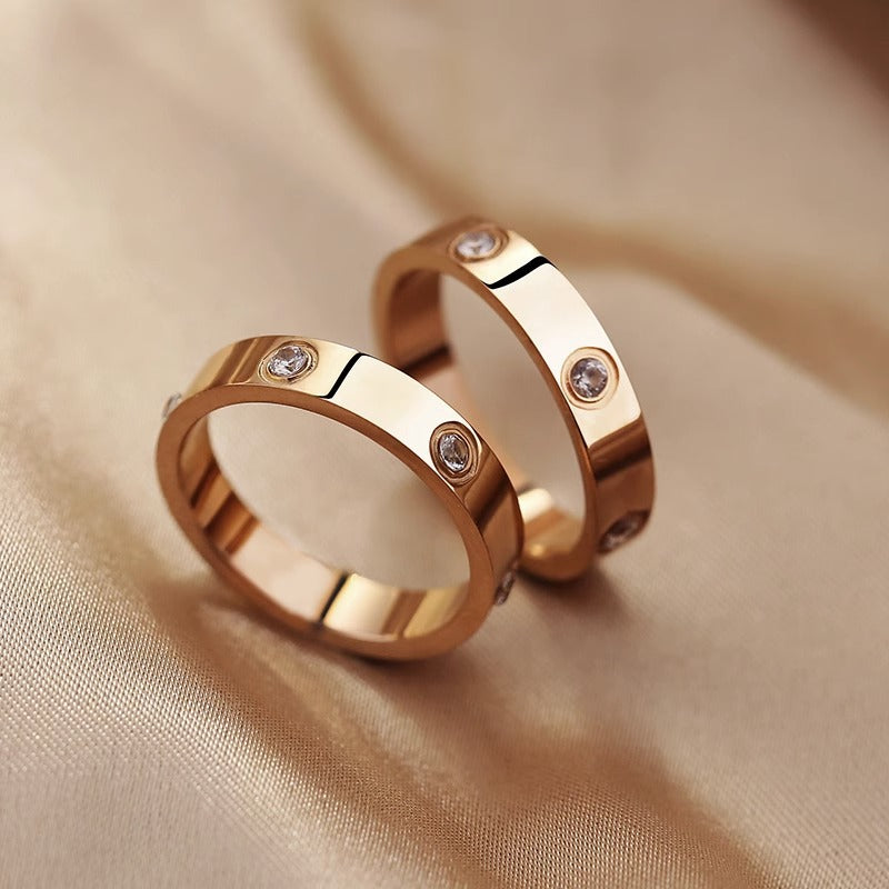 Titanium Steel Waterproof Gold Ring with Diamond Accents - Shower Safe Jewelry